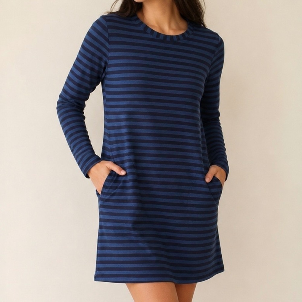 Jane and Delancey Navy Black Striped Tunic Top Small Cotton LS Nautical Pockets